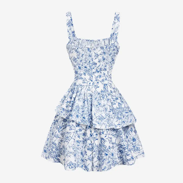 Vestido Feminino Curto -  Mini Floral Azul Porcelana